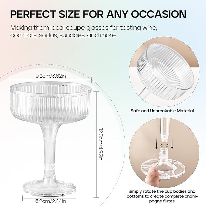20 Pack Plastic Champagne Tower, 7oz Champagne Coupe Unbreakable Plastic Cocktail Glasses Acrylic Martini Glasses for Wedding Birthday Party Bar, Clear