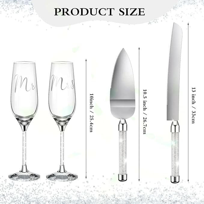 Wedding Cake Knife and Server Set, Mr and Mrs Champagne Flutes, Bride and Groom Champagne Glasses and Wedding Cake Cutting Set for Valentines, Wedding, Engagement, Bridal Shower Gifts (Silver)