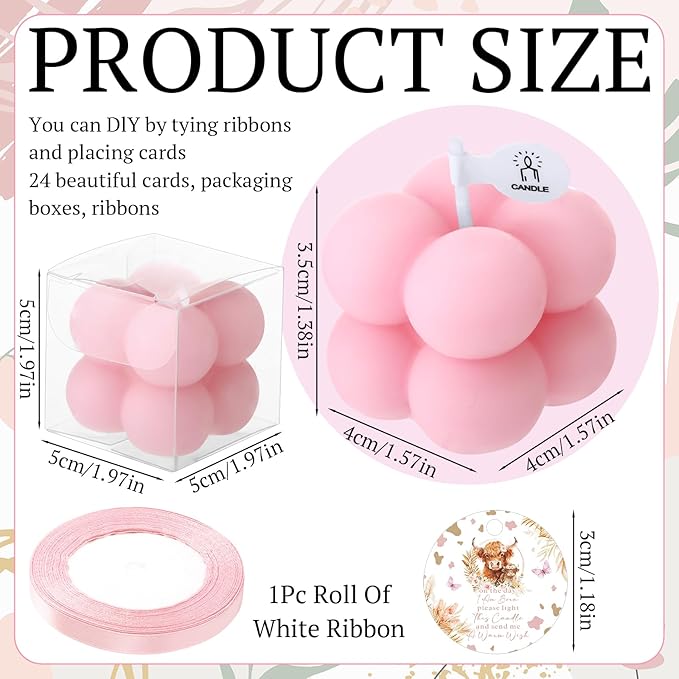 MTLEE 24 Sets Cow Baby Shower Favors Party Candle Small Bubble Candle Baby Shower Favors for Guests Tea Candles Bulk with Stylish Ribbons Cards Gifts(Pink, Cow)