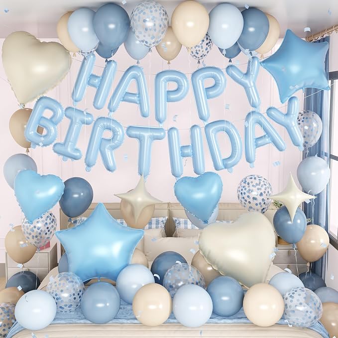 Dusty Blue Birthday Decorations for Boys Fog Baby Light Baby Blue Sand White Balloons Confetti Party Balloon Happy Birthday Banner Heart Balloons 18/10 Inch Star Balloon for Men Bday Party Supplies