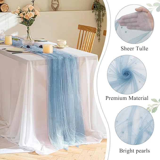 Pearl Table Runner 29 x 120 Inch Tulle Fabric Lace Table Runners for Bridal Shower Birthday Party Wedding Arch Dessert Table Decor(1 Pack, Dusty Blue)