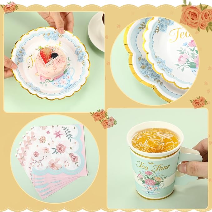 Yungyan 97 Pcs 24 Guests Tea Birthday Party Supplies Disposable Tableware Set 9 oz Paper Cups with Handle 7" 9" Paper Plate Napkin Tablecloth for Party Wedding Baby Shower (Elegant Style)