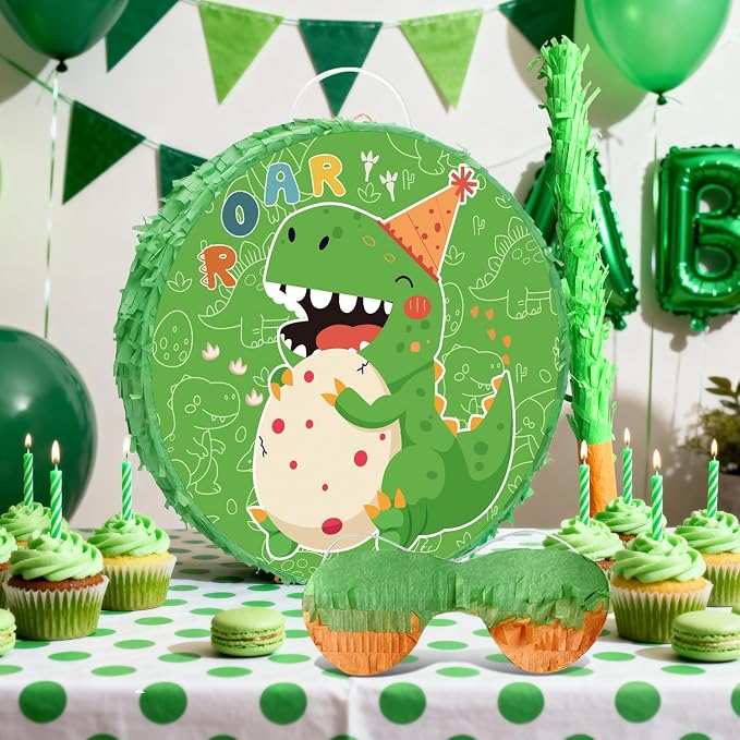 4 In 1 Dinosaur Round Piñata, 17.58'' Dinosaur Piñata Bundle, Dinosaur Birthday Party Decorations Stick etc Dino Party Pinata for Dinosaur Party Favor Bag Fillers Decorations