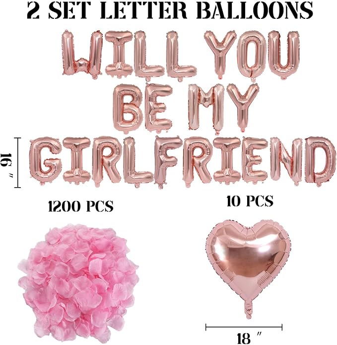 2 Set Rose Gold Will You Be My Girlfriend Balloons - 42pcs 16" Letter Balloons 1200pcs Pink Artificial Rose Petals 10pcs 18" Heart Balloon Alphabet Foil Mylar Balloon for Valentines Day Decorations