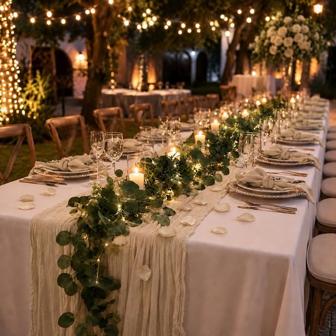 Cinrobiye 11PCS Boho Cheesecloth Table Runner Set with Rose Petals, 120'' Gauze Table Runner, Wrinkled Napkins, Eucalyptus Garland and String Lights for Wedding Baby Shower Tea Party Decorations