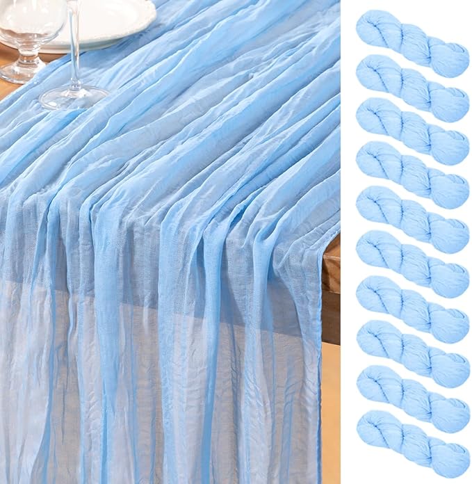 DeZerlor Baby Blue Cheesecloth Table Runner 10 Pack Spring Easter Table Runners Boho Gauze 120 Inches Light Blue Table Decor for Wedding Bridal Baby Shower Parties