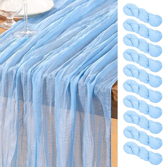 DeZerlor Baby Blue Cheesecloth Table Runner 10 Pack Spring Easter Table Runners Boho Gauze 120 Inches Light Blue Table Decor for Wedding Bridal Baby Shower Parties