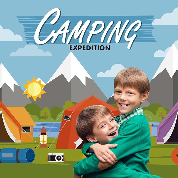 Camping Adventure Backdrop Cartoon Forest Mountain Scenery Camping Expedition Photography Background Outdoor Campfire Camper Tent Backdrop Hiking Climbing Sign Guitar Background 5x3ft