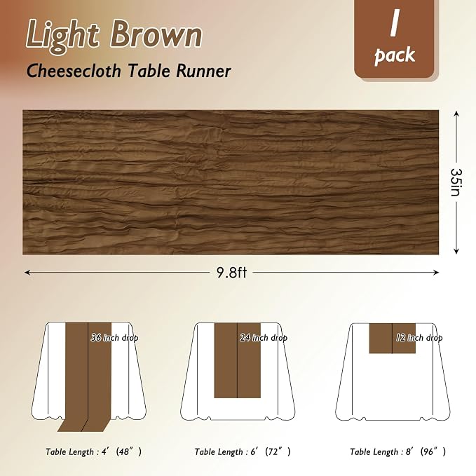 Light Brown Cheesecloth Table Runner 120 Inch 10FT Cheese Cloth Fabric Runners 1 Pack for Jungle Theme Party, Boho Decor, Retro Decoration