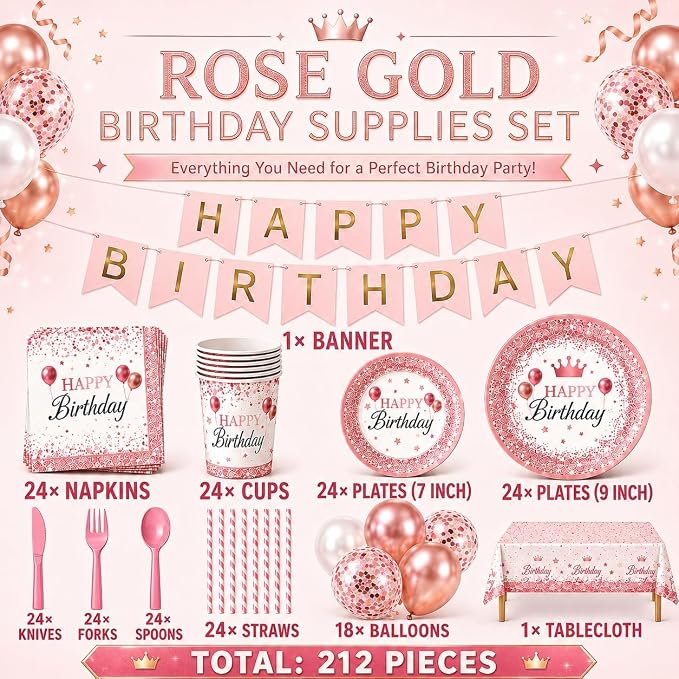 212Pcs Pink Birthday Party Supplies Set, Disposable Plates Napkins Cups Cutlery Tableware Kit with Balloons Banner Tablecloth, Serve 24 Guests for Girls Women Baby Shower Decorations