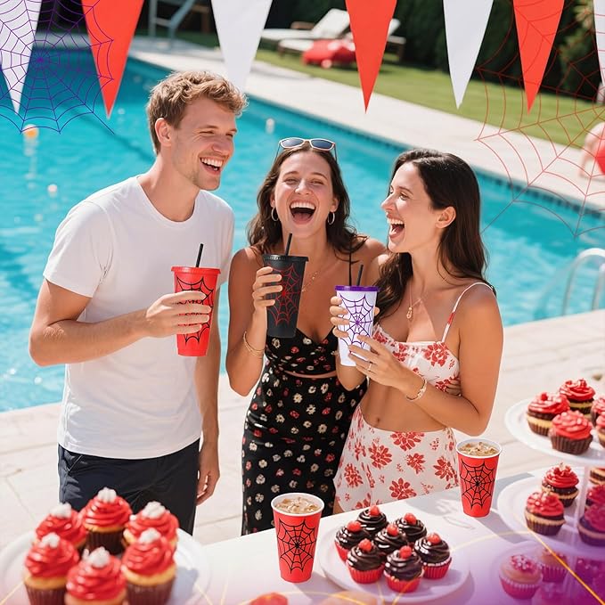 Newtay 24 Pieces Spider Cups with Straws and Lid - 24 Oz Reusable Plastic Spider Web Tumbler Red Black Blue Cups Bulk for Cartoon Birthday Baby Shower Party Favors Decoration Supplies