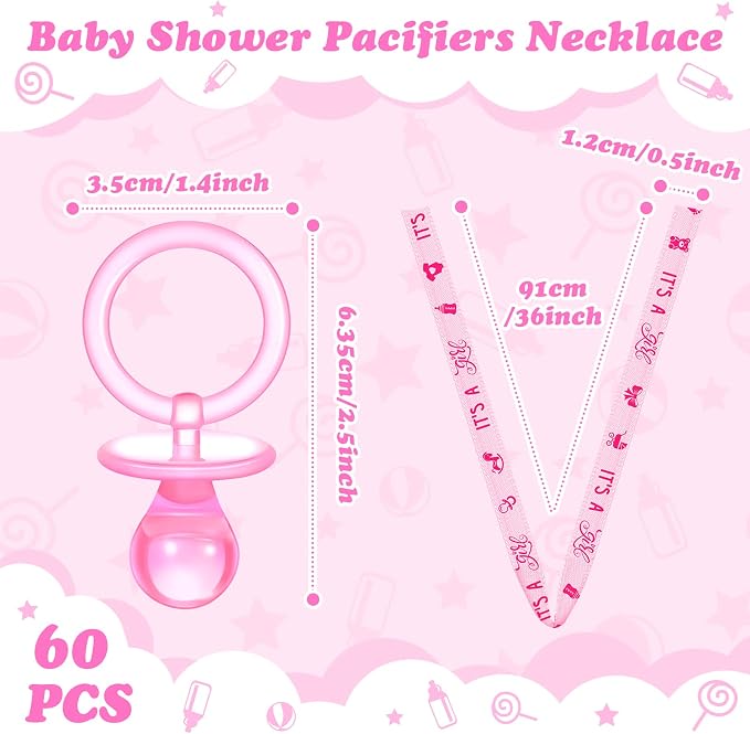 Coume 60 Pieces Baby Shower Pacifiers Necklace Acrylic Pacifiers Necklace Charm Party Favors for Girls Boys Baby Shower Party Decorations Table Scatter(Girl Style,Pink)