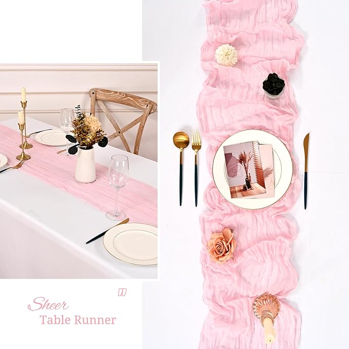 24 Pack Light Pink Cheesecloth Table Runner,9FT Gauze Boho Long Cheese Cloth Table Runner 17x108 inch Rustic Table Runners for Wedding Party Bridal Shower Banquet Table Decorations