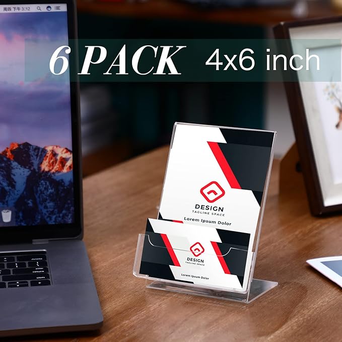 Crtiin 6 Pcs Acrylic Slanted Sign Holder with Business Card Holders Clear Display Stand Flyer Stand with Gift Card Holder for Office Table Advertisement Brochure (4 x 6 Inch,Side Insert)