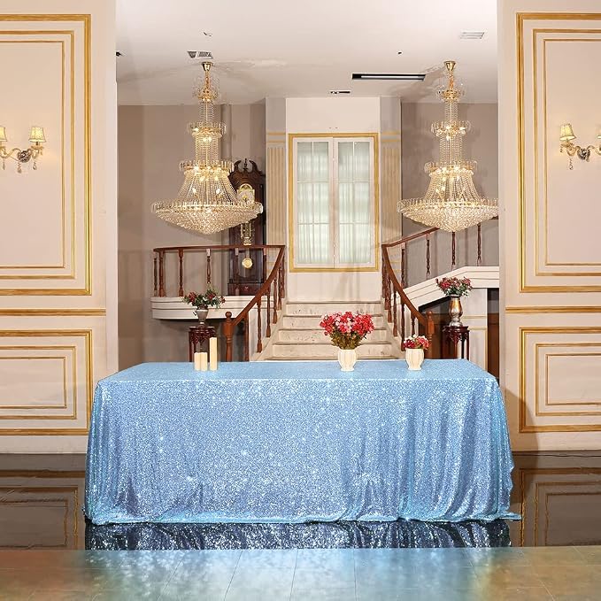 Eternal Beauty Baby Blue Tablecloth, 90x156 Inch Sequin Rectangle Table Cover for Cake Dessert Exhibition Party Birthday Events