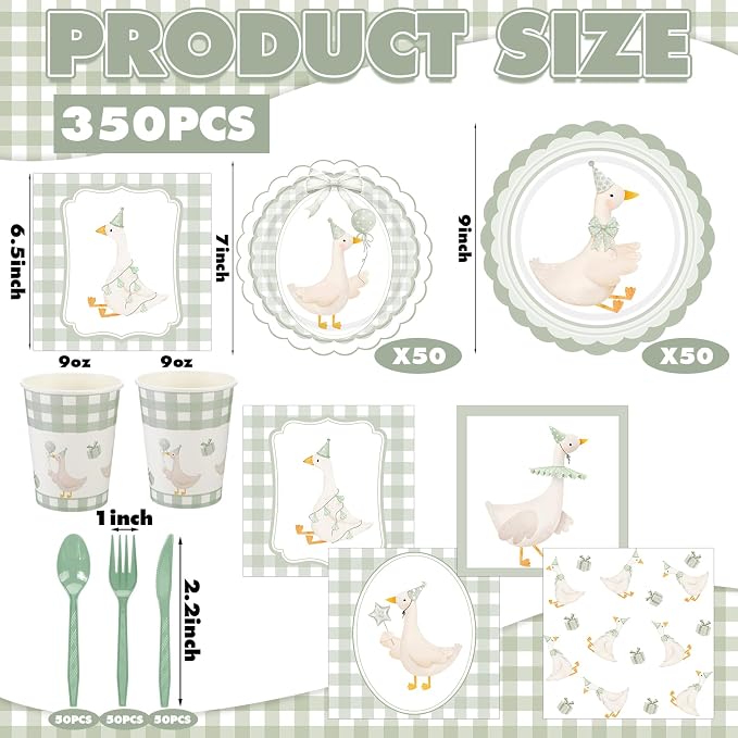 Zhehao 350 Pcs One Silly Goose Birthday Party Tableware Set Sage Green Bow Scalloped Baby Shower Plates Cup Napkins Forks for Birthday Party Decorations Supplies for 50 Guests