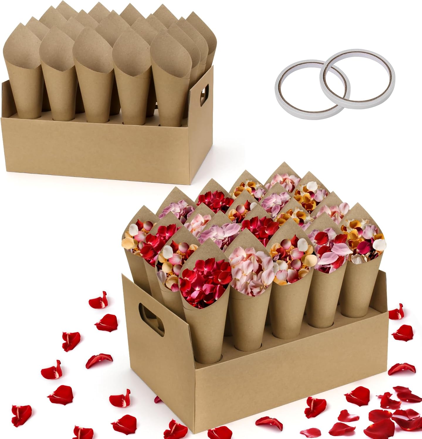 2 Set Wedding Confetti Cone Stand Box, 2 Party Cardboard Cone Holders Trays of 20 Holes Each with 40 Kraft Cone Paper for Wedding, Party, Celebration, Decoration