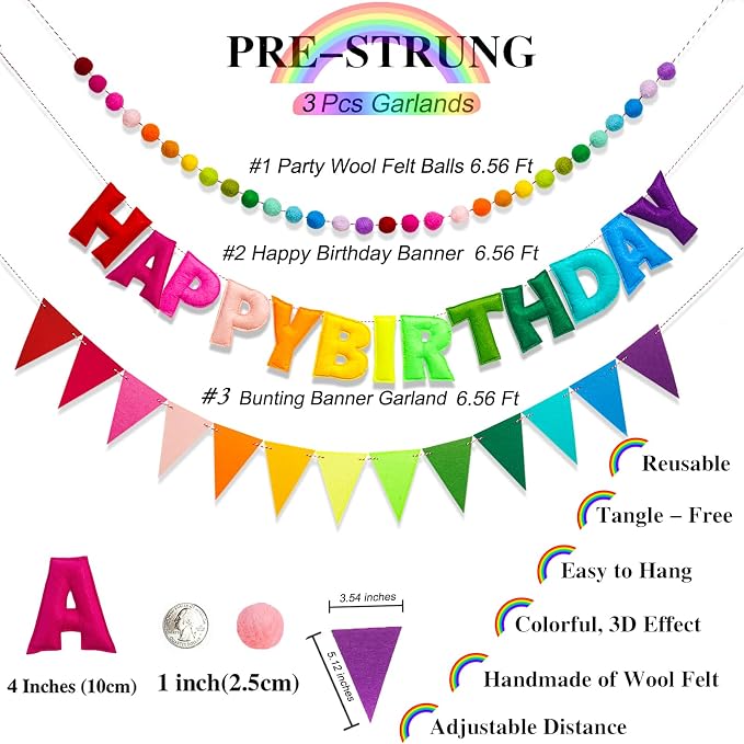 3 Pcs Pre-Strung Reusable Happy Birthday Banner, Handmade Wool Felt Ball Garland, Triangle Flags, Personalized Felt Holiday Sign Pom Pom Garland for Rainbow Party Decorations Fireplace Mantel Wall Window (Birthday Banner + Flags + Rainbow Balls)