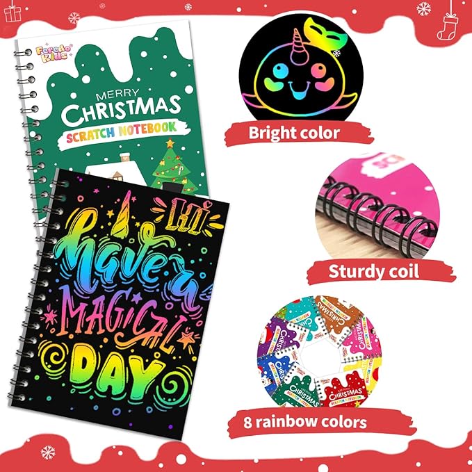 Scratch Art Party Favors for Kids 8-12: 16 Pack Christmas Rainbow Scratch Art Notebook, Christmas Coloring Books Goodie Bags Stuffers for Kids, Bulk Classroom Birthday Gifts for Student
