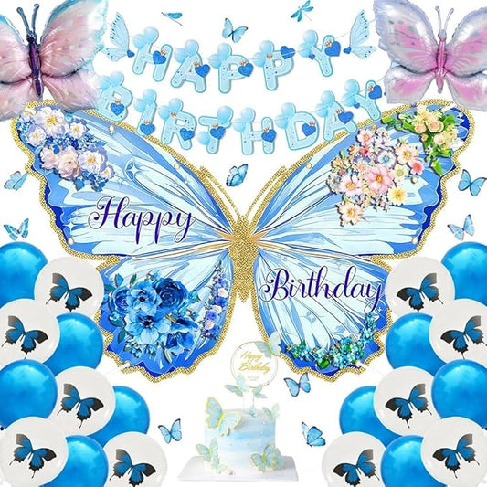 Blue Butterfly Happy Birthday Banner, 70.86 * 43.3Inch Happy Birthday Banner for Women, Party Decorations for Girls (Blue Butterfly set)