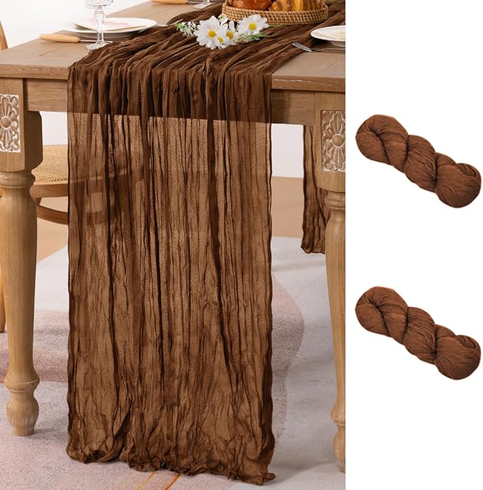 MLMC 2 Pack Brown Cheesecloth Table Runner 10ft Boho Rustic Gauze Coffee Cheese Cloth Table Runner Neutral Centerpiece Decor 35x120 Inches for Wedding Farmhouse Reception Home Decor