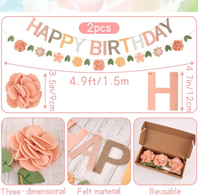 Felt Happy Birthday Banner, with Handmade Felt Flower Garland, Flower Party Decorations, Pre-Strung Birthday Decorations for Girls Women Mom, Floral Birthday Party Decor
