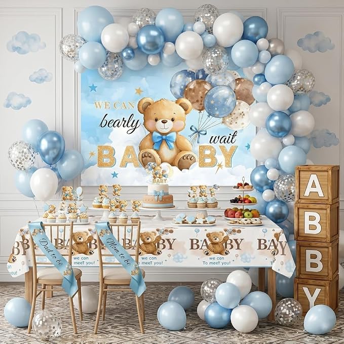 Bear Baby Shower Decorations, 140 PCS We Can Bearly Wait Baby Shower Party Supplies with Backdrop, Tablecloth, Cake Toppers, Balloons, Sash, Boxes, Blue Baby Them Party for Boy Baby Shower Decorations
