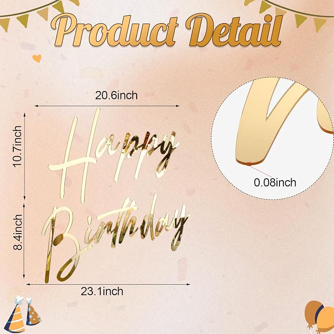 Yousoontic Happy Birthday Sign for Backdrop Large Happy Birthday Sticker Letter Acrylic Mirror Decal for Balloon Arch Wall Kpop Party, Peel Off Acrylic Film(28.5 x 24 Inches,Classic,Gold)