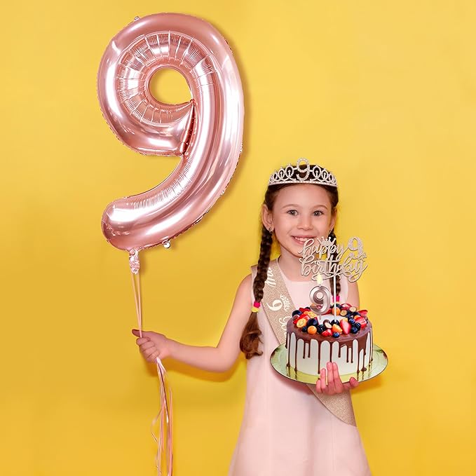 9th Birthday Decorations for Girls, Including 9th Birthday Sash and Tiara, Cake Topper and Candle, Number Balloon, 9 Year Old Girl Gifts