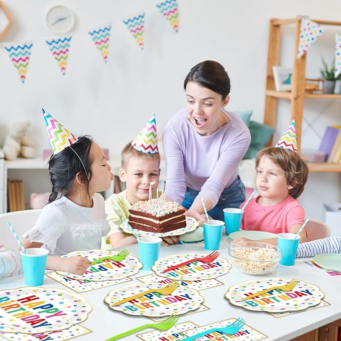96PCS Polka Dot Plates Tableware Set Supplies Happy Birthday Cake Dessert Scalloped Paper Plates Napkins Tableware Set Polka Dot Theme Colorful Birthday Plate Dinnerware Decoration for 24 Guests