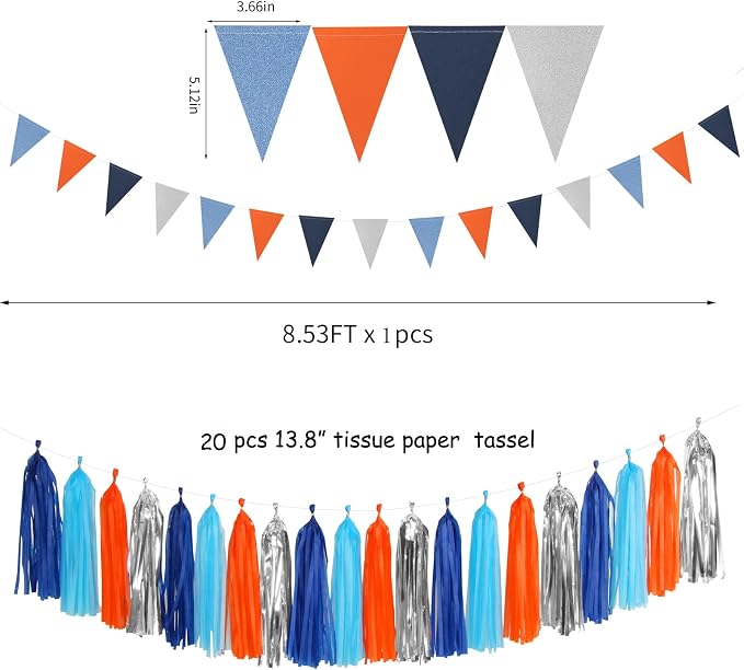 Blue-Silver Orange Space Party-Decorations Streamers-Garland - 30pcs Graduation 2026 Tissue Pom Poms,Tassel Banner Backdrop Birthday Boy Baby Shower Decor Bunting Lasting Surprise
