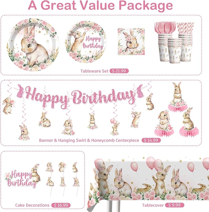 Xynic 205pcs Bunny Birthday Decorations Complete Tableware Set, for 25 Guests, Pink Bunny Party Decorations Girl, Includes Banner Hanging Swirls Plates Napkins Balloons Caketopper Tablecloths
