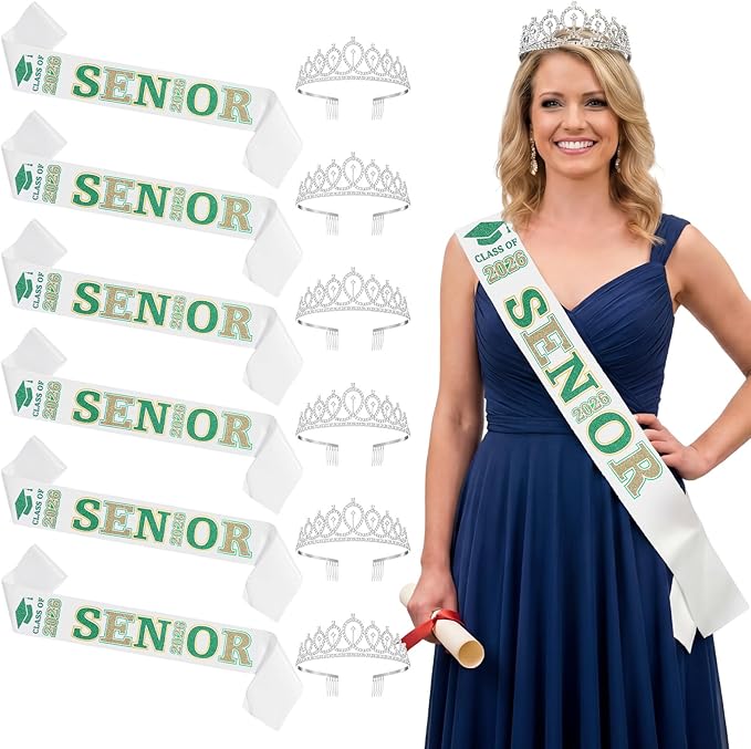 Janinka 6 Pcs Senior Sash 2026 Graduation Satin Sash with Glitter Letter Silver Crown Tiaras Cheer 2026 Gifts for Graduation Party Cheerleader Prom Photos Celebration(Green)