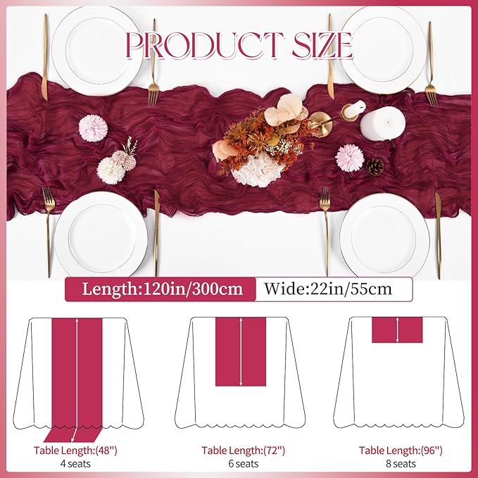 16 Pack Burgundy Cheesecloth Table Runner 120 Inch 10FT Spring Boho Rustic Sheer Gauze Cheese Cloth Table Runner for Wedding Baby Shower Birthday Party Table Decor