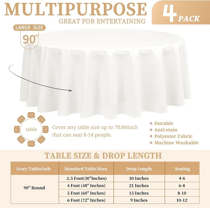 Showgeous 4 Pack Ivory Round Tablecloth 90 Inch Table Cloth for Round Tables Polyester Tablecloths Table Cover for Dining Wedding Party