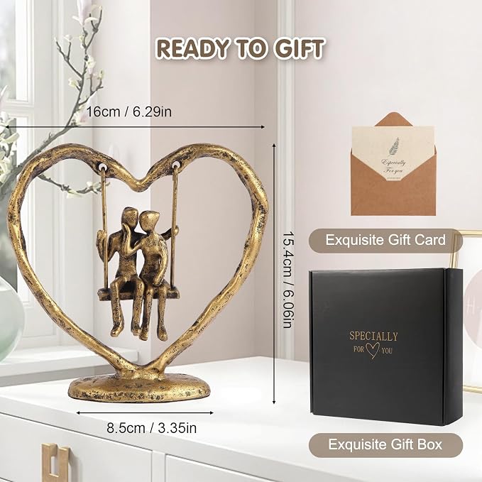 50th/Golden Anniversary Wedding Gifts for Wife/Her/Him,Valentine's Day/Birthday/Wedding Gifts for Couples,Heart Sculpture/Figurine,Handcrafted Antique Golden Metal Couple Statue Decor