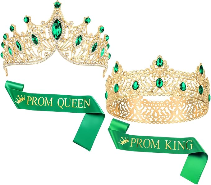 Ferreve 4 Pcs Prom King and Queen Crowns and Sashes Set Graduation Prom King and Queen Tiara Sash for 80's Prom Party Favors(Green)