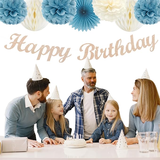 Dusty-Blue White Birthday Party-Decorations Paper-Flowers - 14pcs Happy Banner Boy Lanterns Tissue Pom Poms,Men Streamers Garland Fans Honeycomb,Baby Teen Male Kids Hanging Supplies Decor Hugfond
