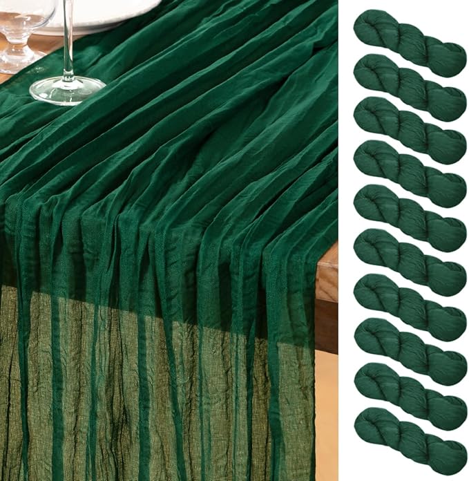 DeZerlor Emerald Green Cheesecloth Table Runner 10 Pack Spring Easter Table Runners Boho Gauze 120 Inches Cheese Cloth Table Decor for Wedding Bridal Baby Shower Parties