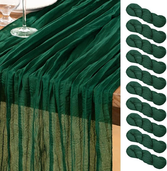 DeZerlor Emerald Green Cheesecloth Table Runner 10 Pack Spring Easter Table Runners Boho Gauze 120 Inches Cheese Cloth Table Decor for Wedding Bridal Baby Shower Parties
