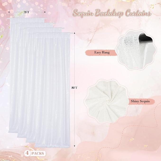 PartyDelight White Sequin Backdrop Curtains 2x8ft 4 Panels | 3mm stitched sequin curtain with 4 inch rod pocket for 2x8ft 4 panel fuller wall coverage pleated backdrop and 8ft stand