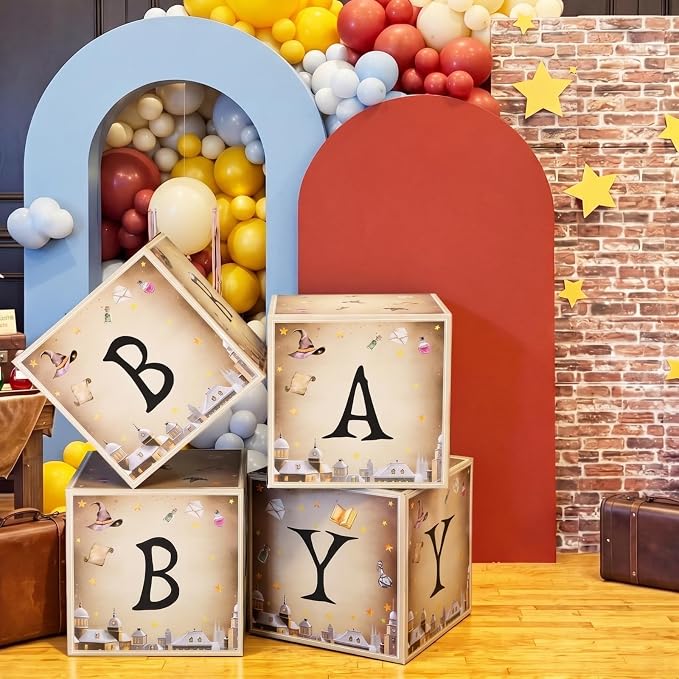 AmazingSpark 4 Pcs Magical Wizard Baby Shower Boxes with Letters Magical Wizard Theme Candy Box Decor with Letters Blocks Baby Shower Centerpiece for Party Backdrop