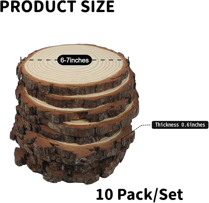 Natural Wood Slices for Centerpieces, Rustic Round Wooden Discs, 6-7 Inch, 10 Pack, Wedding Event Table Decor
