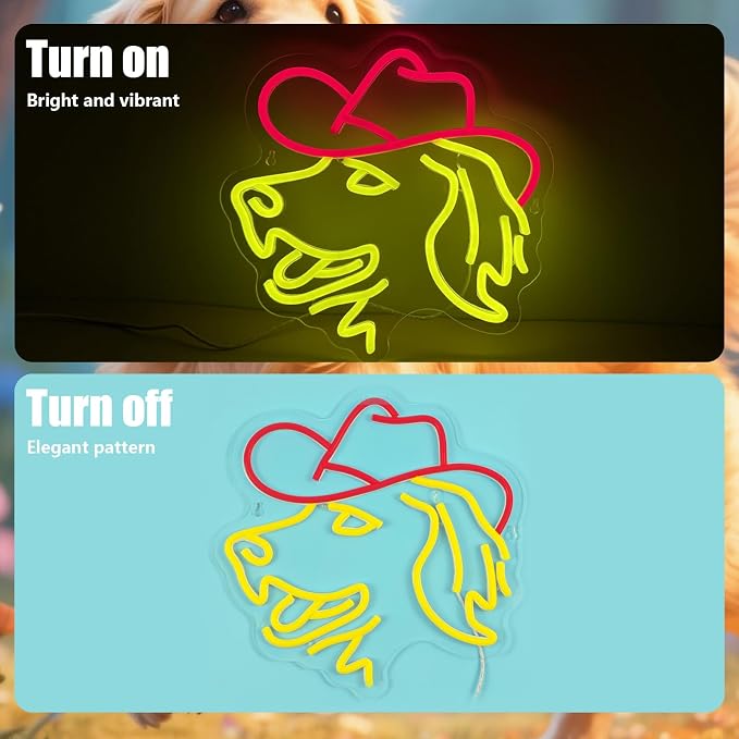Golden Retriever Neon Sign Cute Dog with Cowboy Hat LED Light Signs Retro LED Signs Red and Yellow Neon Sign for Bedroom Home Wall Decor Western Birthday Wedding Party Decorations Dog Lovers Gifts