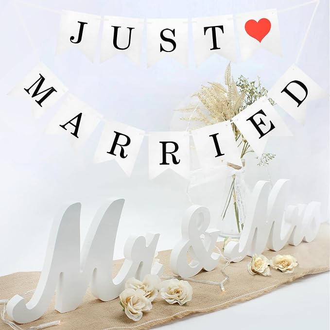 Mr Mrs Sign with Just Married Banner for Wedding Table, Mr and Mrs Wooden Letters, Mr. & Mrs. Wedding Decoration Items, Anniversary Party Vintage Decor (White W/banner)