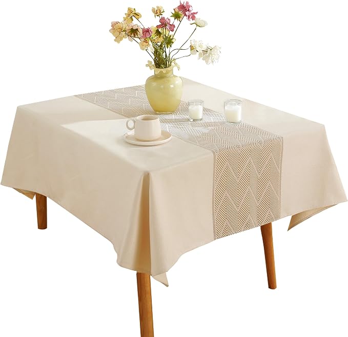 Nordic Beige Round Tablecloth, Premium Drape, Water & Stain Resistant, Elegant Rectangle Table Cover for Dining, Kitchen, Party, Home Decor