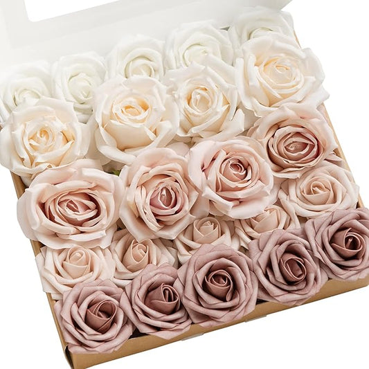 Ling's moment Artificial Flowers Fake Silk Roses Faux Foam Flower Combo for DIY Wedding Bouquets Centerpieces Arrangements Bridal Shower Party Home Decorations, Dusty Rose & Cream, 23pcs