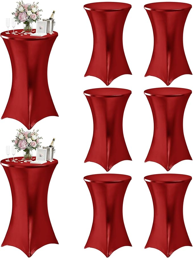 Cocktail High Top Table Covers - 32x43 Inch Fitted Spandex Round Cocktail Tablecloth for Bar Height Standing Table Cloths Reusable, for Party Wedding Banquet Event Decorations, Shiny Red, 8 Pack