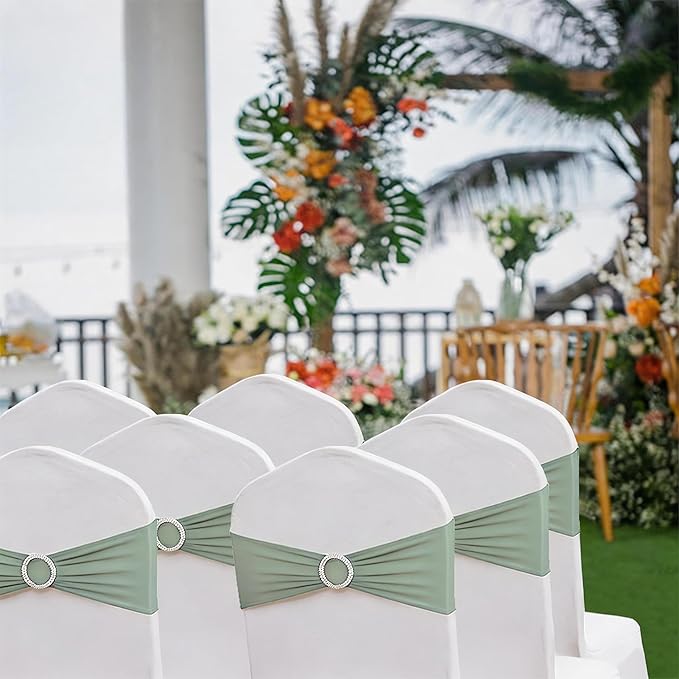 Sage Green Chair Sashes 100 Pack Spandex Chair Bands with Buckles for Wedding Party Birthday Bridal Shower Engagement Anniversary Outdoor Events Decorations