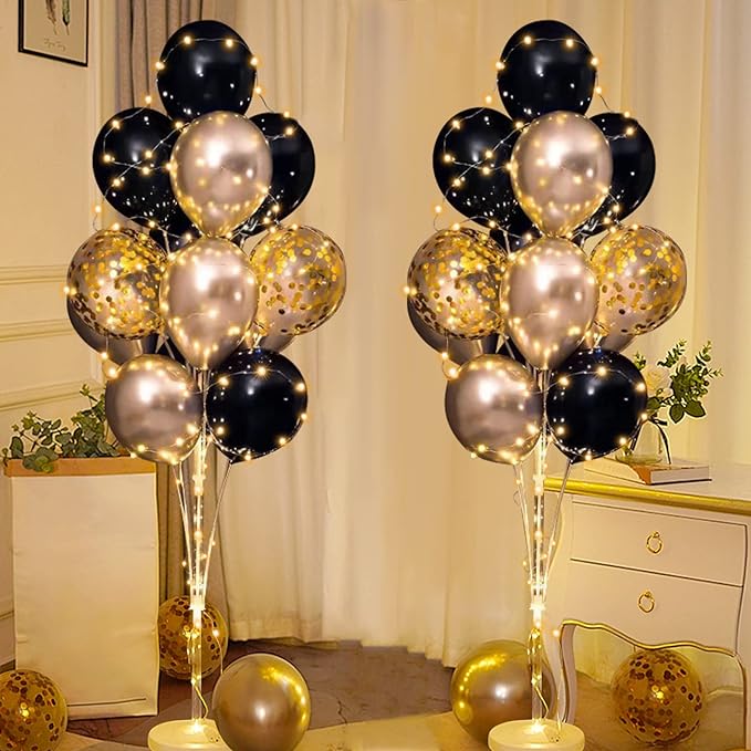 Cicicooie Balloon Centerpieces for Floor with String Light 2 Set Black Balloon Stand Kit Holder Decoration for Wedding Adult Birthday Party Men Bachelor Party